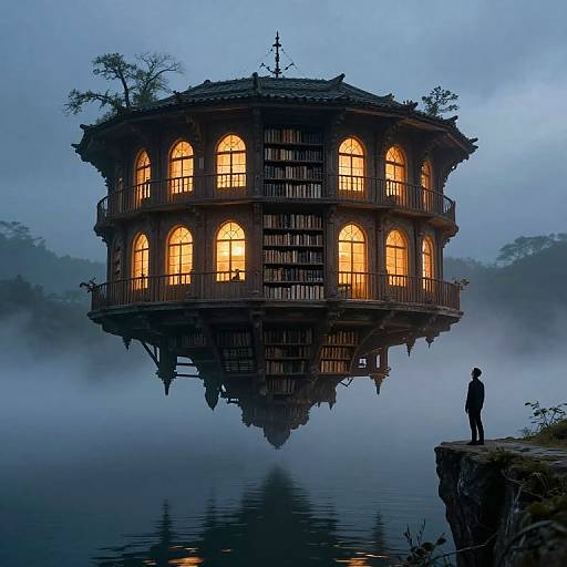 Photograph of a mysterious, illuminated, floating library with arched windows, hovering above a misty lake, with a lone figure standing on a cliff