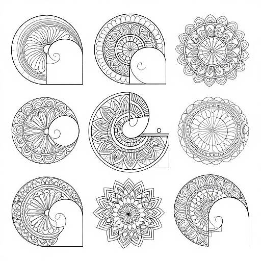 Black and white line art of nine intricately patterned circular mandalas, each with unique geometric and floral designs, arranged in a 3x