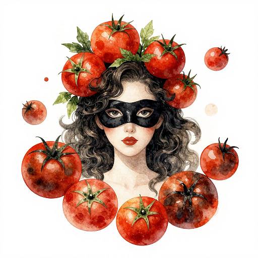 Watercolor illustration of a fair-skinned woman with black curly hair, wearing a black mask, surrounded by red tomatoes with green leaves.