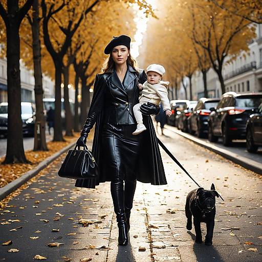 Stylish Woman Walking Baby and Dog on Autumn Street