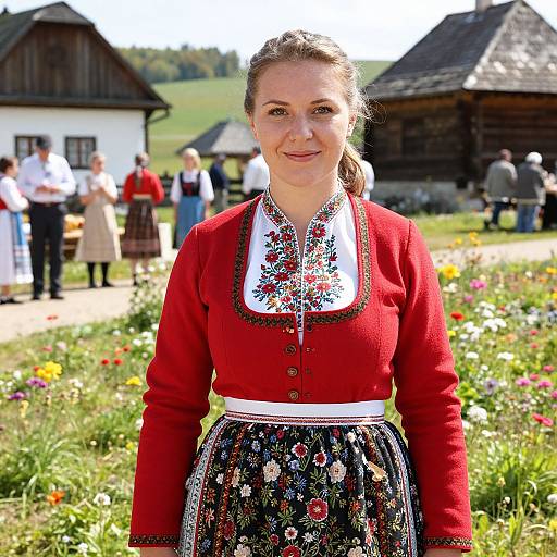 Photograph of a smiling Caucasian woman with light brown hair in a traditional red cardigan, floral embroidered blouse, and floral skirt, standing in a sunny