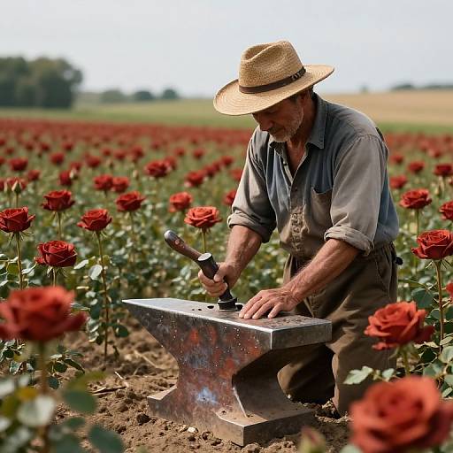 Photograph of a middle-aged man in a straw hat and blue shirt, hammering a rose stem on an anvil in a vibrant red rose field