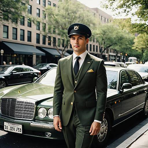 Chauffeur in Olive Green Suit on City Street