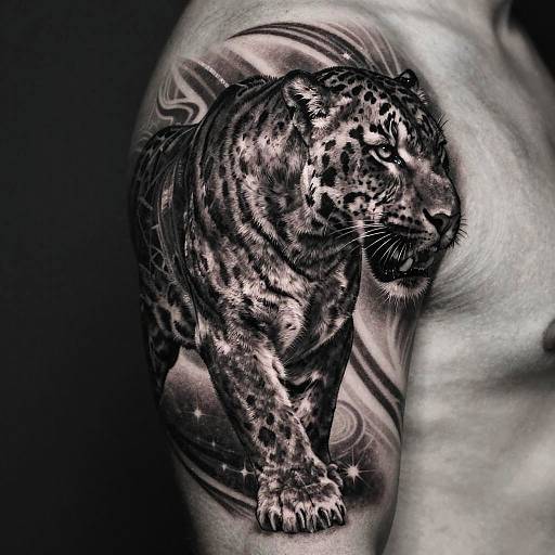 Black and gray tattoo of a detailed, fierce jaguar with swirling patterns on a muscular arm, showcasing realistic fur texture.