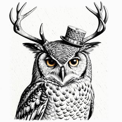 Whimsical Owl with Antlers and Fish Scale Hat