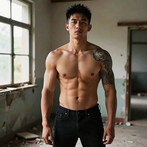 Photograph of a muscular, shirtless Asian man with short black hair, intricate tattoo on right shoulder, wearing black jeans, standing in a sunlit