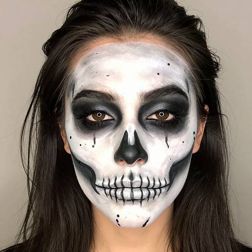 Photograph of a woman with long dark hair, wearing white face paint resembling a skull, black eye shadow, and black nose, against a plain gray