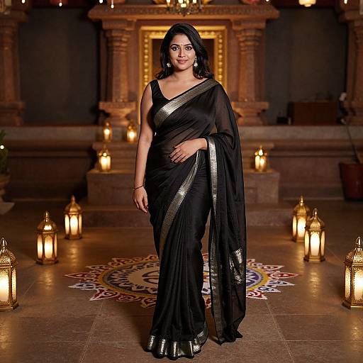 Photograph of a confident Indian woman in a black saree with silver borders, standing in a dimly lit, ornate temple with candles and intricate