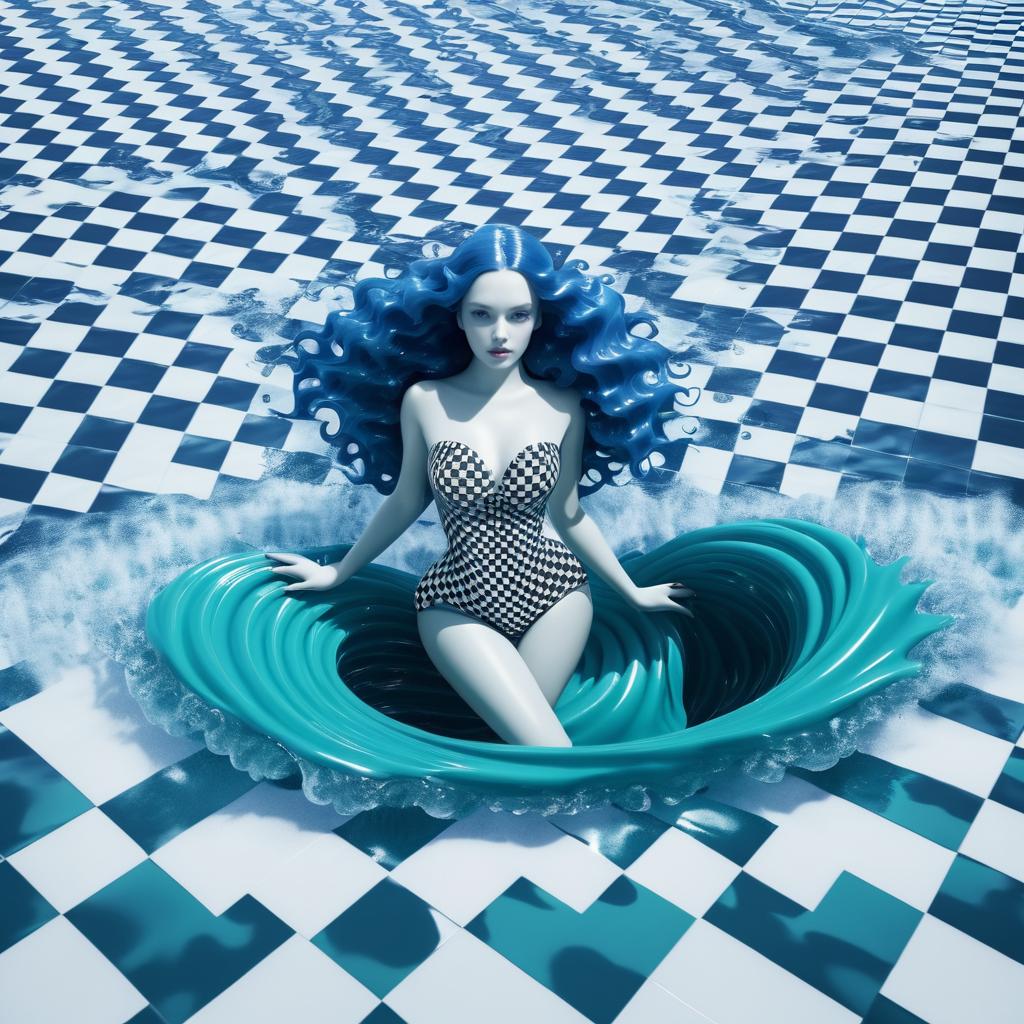 Surreal Mermaid Emerging from Checkerboard Waves