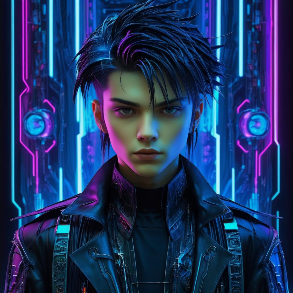 Mysterious Cyberpunk Boy in Neon Fantasy