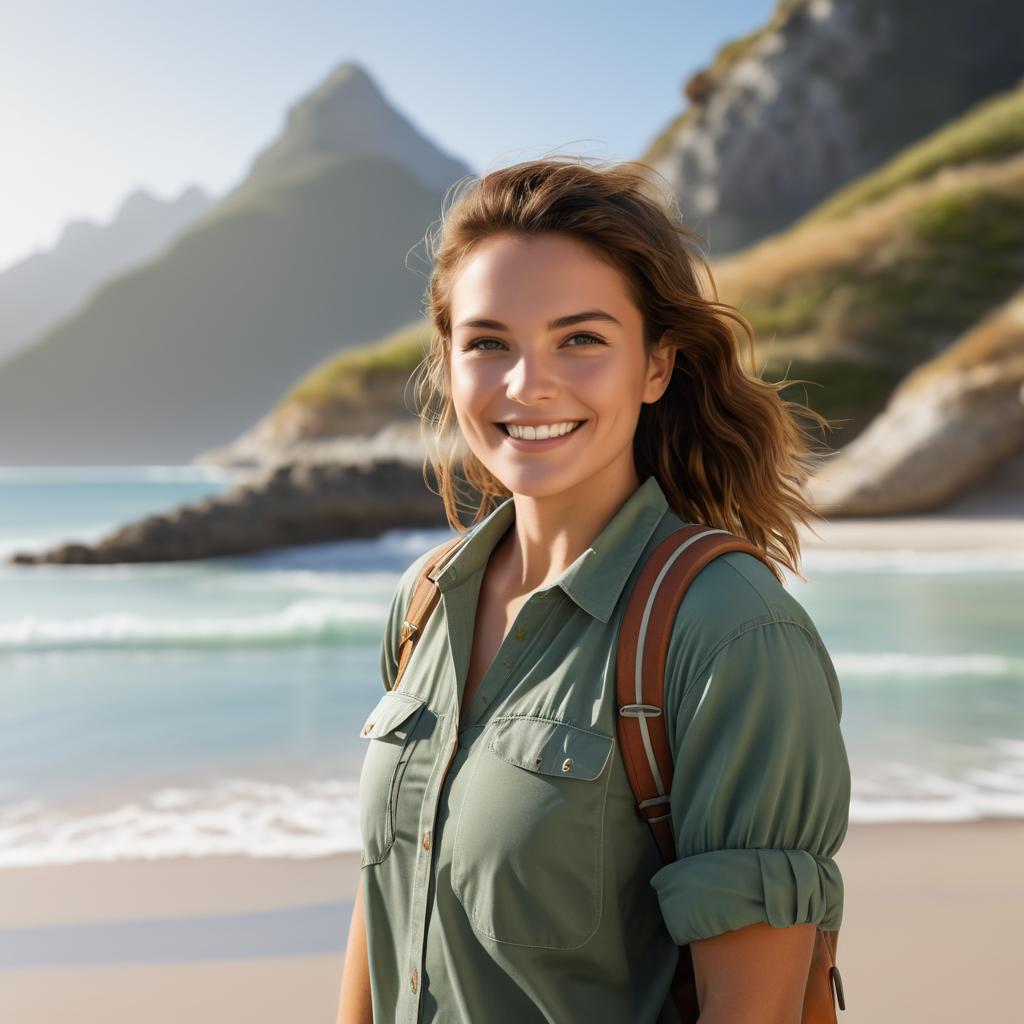 Adventurous Woman at Beach with Mountains