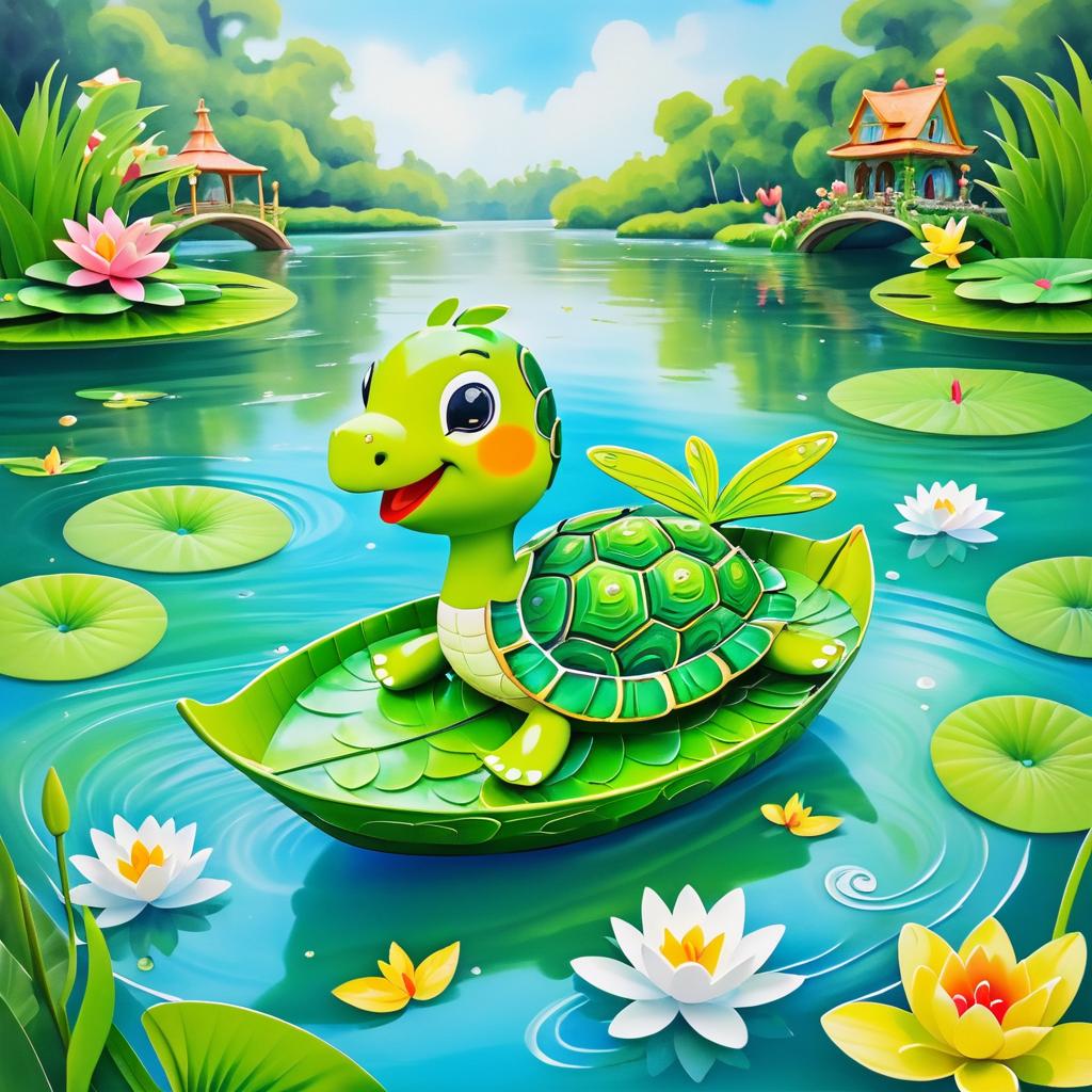 Whimsical Turtle Sailing on a Lake