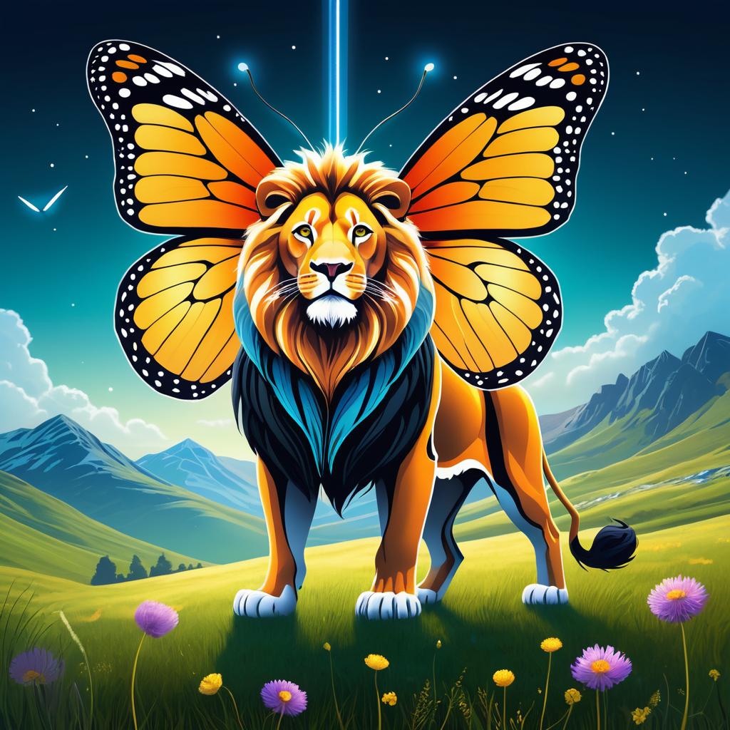 Surreal Lion-Butterfly Hybrid in Meadow