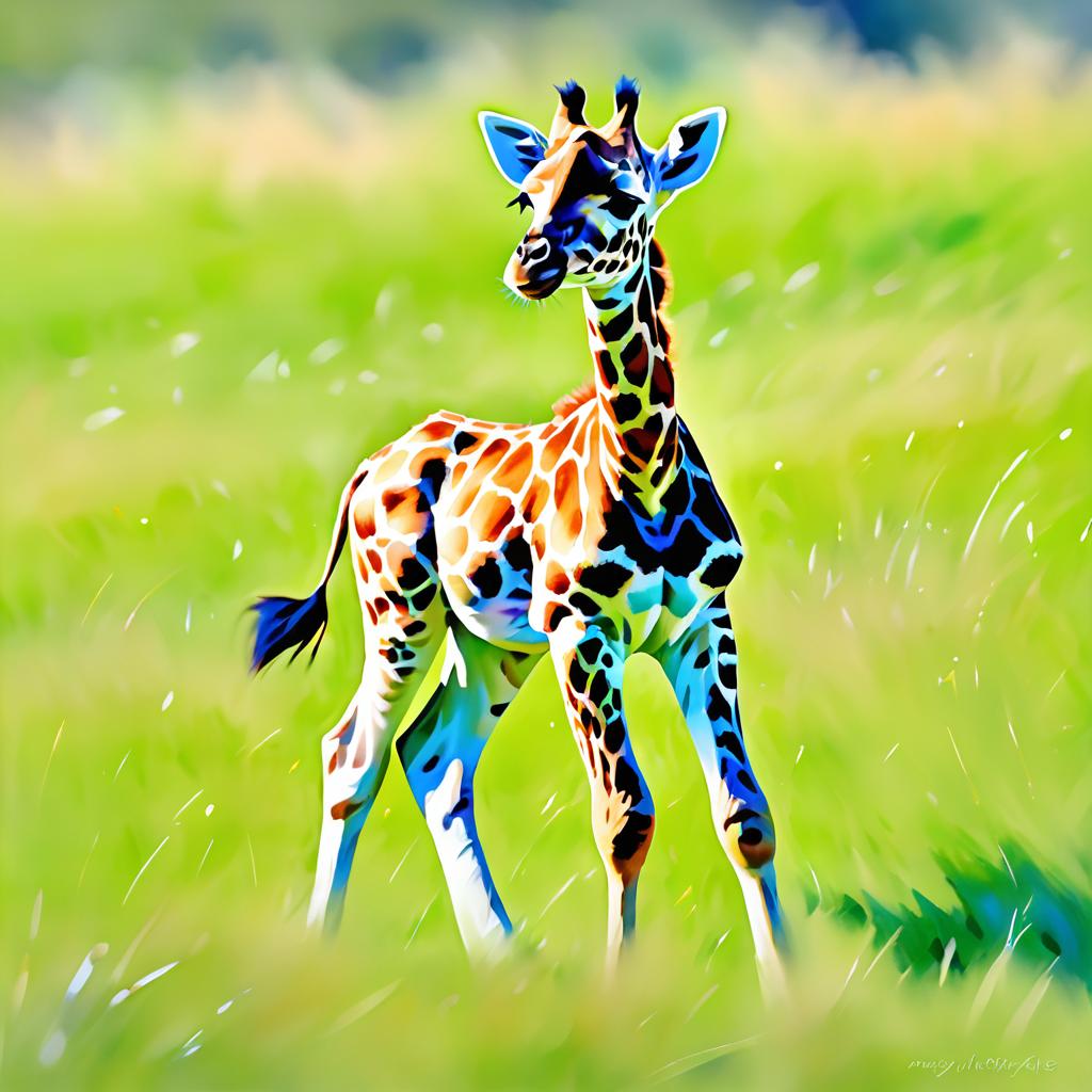 Vibrant Impressionist Baby Giraffe Scene