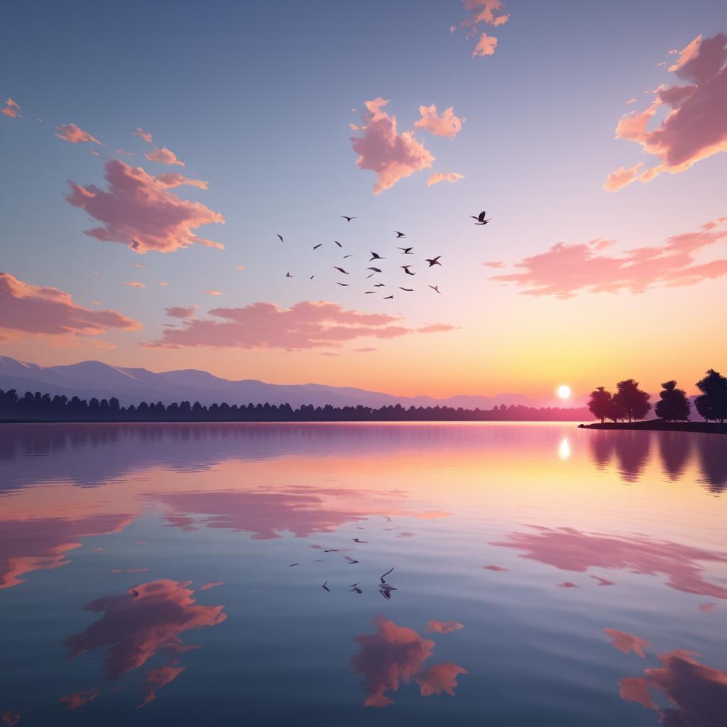 Serene Sunset Over Lake with Birds