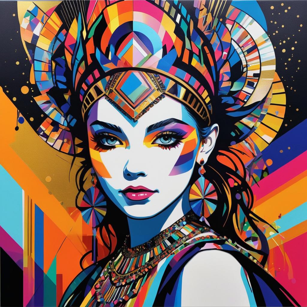 Vibrant Artistic Portrait with Geometric Headpiece