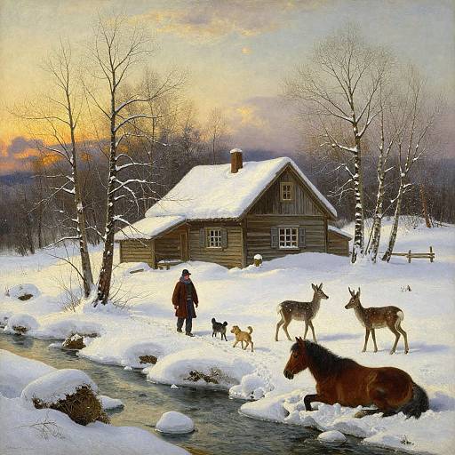 Photograph-style painting of a snowy winter scene: log cabin, sunset sky, bare trees, standing man, deer, horse, dog, and stream