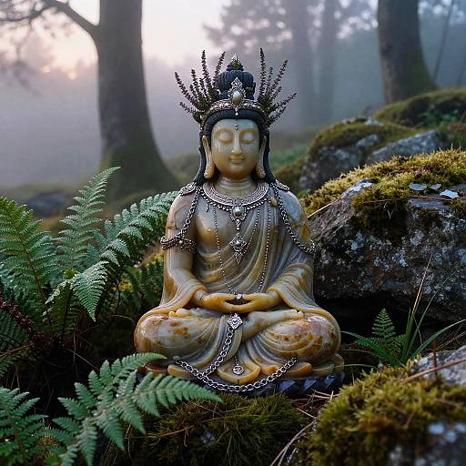 Photograph of a serene, golden Buddha statue with ornate crown, adorned with chains, sitting cross-legged in a misty forest, surrounded by moss