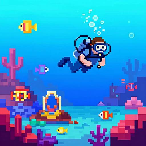 Pixel art of a scuba-diver with a white mask, blue suit, and black gloves, swimming underwater with colorful fish and coral.