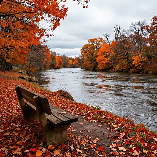 Photograph of a wooden bench on a path beside a river, surrounded by vibrant autumn leaves and trees with orange and red foliage.