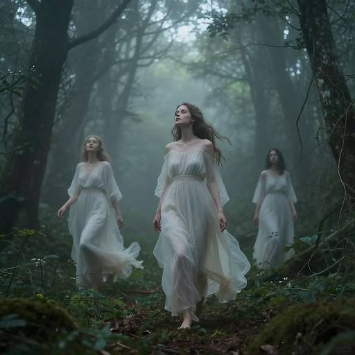 Photograph of three ethereal women in flowing white dresses, running through a misty, dark forest; their dresses billowing, faces serene.