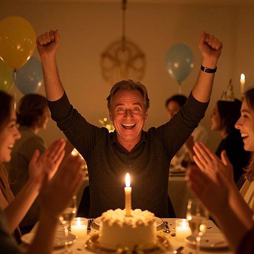 Photograph of a middle-aged man with short brown hair, smiling and raising arms in excitement, surrounded by clapping guests at a candlelit birthday party