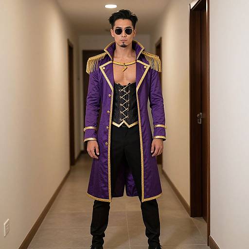 Photograph of a muscular man with dark hair, sunglasses, and gold necklace, wearing a purple and black military-style coat with gold trim, standing in