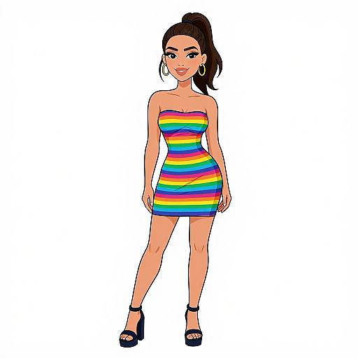 Smiling Woman in Rainbow Strapless Dress