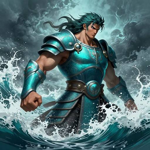 Muscular warrior with teal armor, long dark hair, and intense expression stands in turbulent ocean waves under stormy sky. Digital art.
