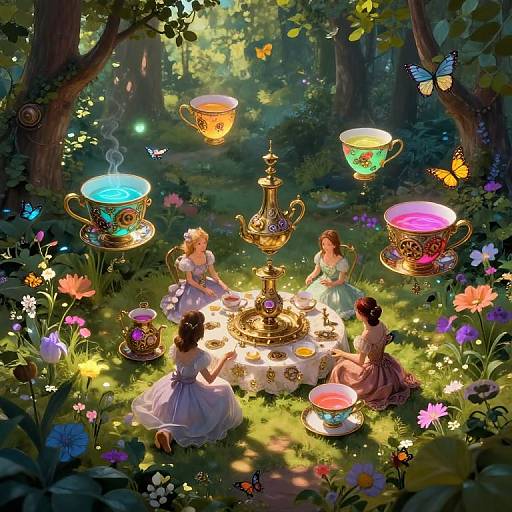 Fantastical forest tea party: three fairy-tale princesses in colorful dresses, surrounded by glowing tea cups, steaming tea, and butterflies,