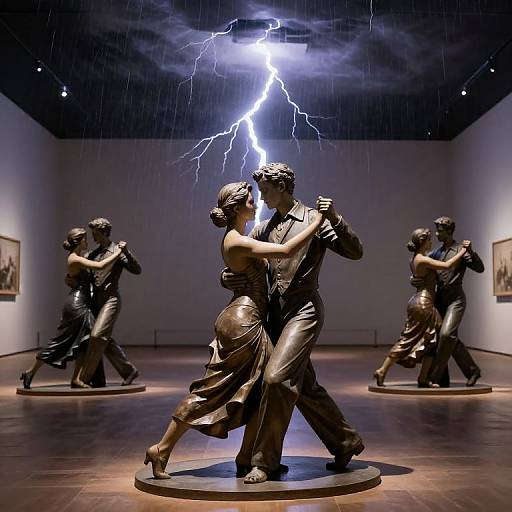 Photograph of a museum exhibit featuring bronze dance statues under a dramatic lightning bolt light, surrounded by dark walls and framed pictures.