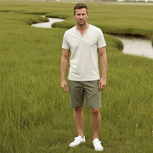 Photograph of a muscular man with short brown hair, beard, wearing a white polo, grey shorts, and white sneakers, standing in a green marsh