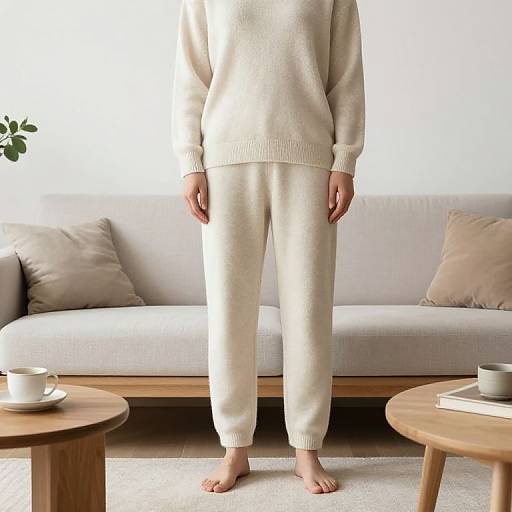 Photograph of a person wearing a beige sweater and matching sweatpants, standing barefoot in a minimalist living room with a white couch, wooden coffee tables