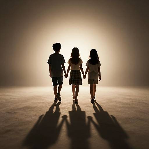 Silhouetted photograph of three children holding hands, walking away from a bright, glowing light, casting long shadows on a smooth, reflective surface.