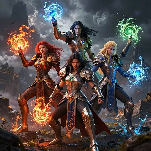 Four powerful female warriors in metallic armor wield fire and magic, standing against a dark, stormy landscape with ruins. Digital art.