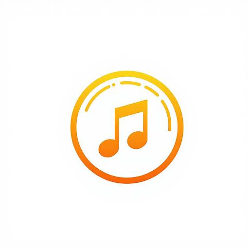 Digital graphic of an orange, gradient circular music note icon centered on a white background, with subtle dashed lines around the circle.