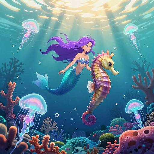 Anime Mermaid Riding Majestic Seahorse