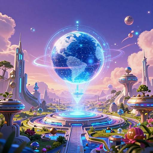 Digital artwork of a futuristic cityscape with a glowing, floating Earth at the center, surrounded by sleek buildings, colorful flowers, and floating orbs under a