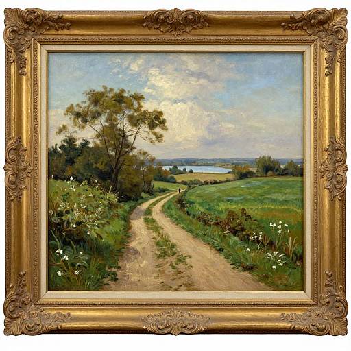 Ornate gold-framed oil painting of a winding dirt path through lush green fields, white wildflowers, and tall trees under a cloudy sky.