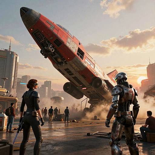 Photorealistic CGI: A red, crashed jet with 