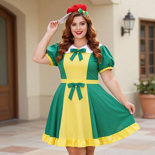 Photograph of a smiling woman in a green and yellow Alice in Wonderland-inspired dress, red hat, holding a knife, standing on a sunlit porch