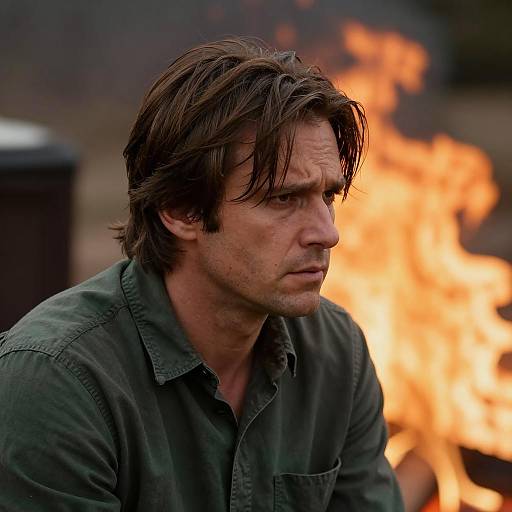 Man in Green Shirt by Fire