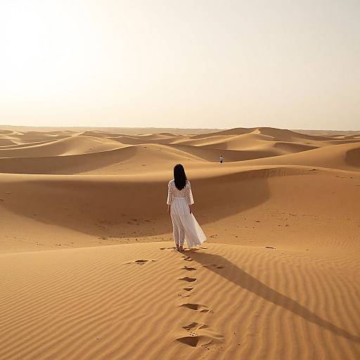 Photograph of a woman with long black hair, wearing a white flowing dress, walking alone in a vast, sunlit desert with rippled sand d