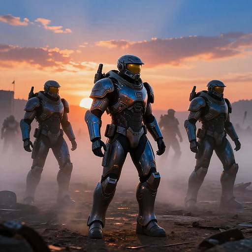 Photograph of four futuristic, armored soldiers standing on a dusty, war-torn battlefield at sunset, with a vibrant, orange and blue sky.