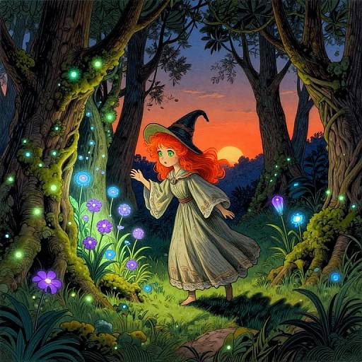 Digital illustration: Red-haired witch in flowing white dress gazes at glowing blue and purple flowers in enchanted forest, sunset sky.