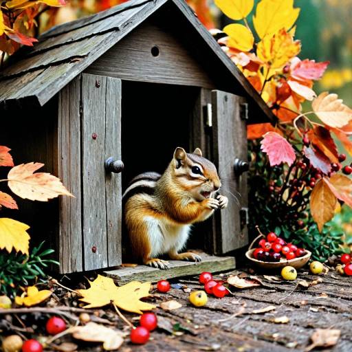 Chipmunk by Wooden House in Autumn