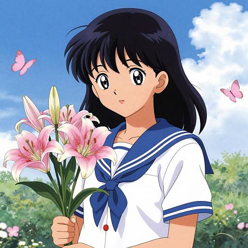 Charming Anime Girl with Lilies