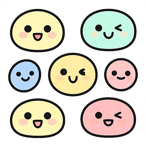 Cute digital illustration of nine round, pastel-colored circles with simple black outlines and smiling faces, each with unique expressions.