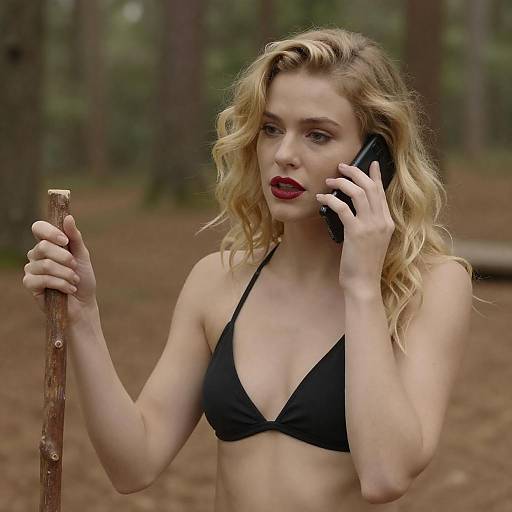 Blonde Woman in Forest with Phone