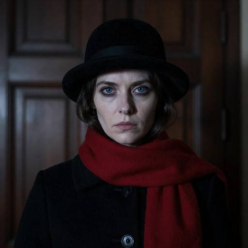 Woman with Black Velvet Hat and Red Scarf